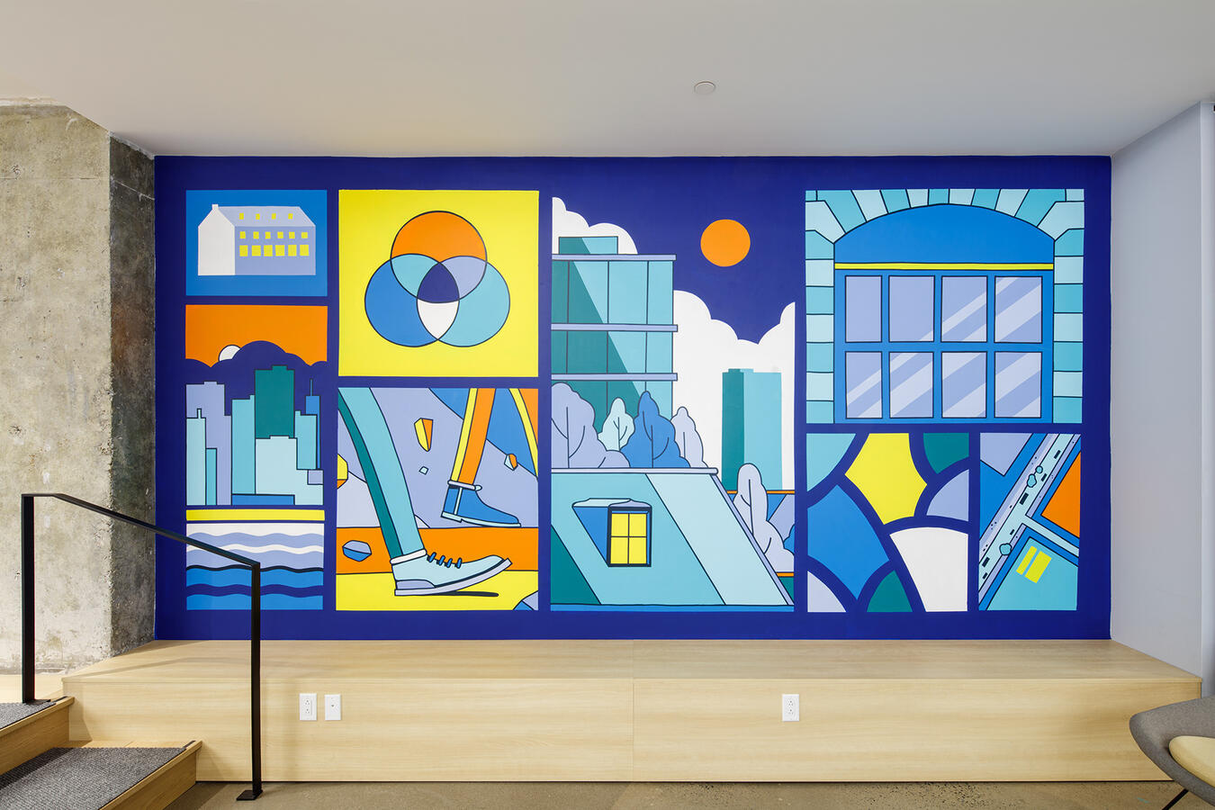 Une murale peinte par Lucas Saenger. on y voit une composition en cases colorées, représentant des éléments urbains,