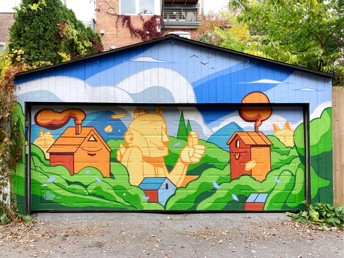 &quot;La vallée des géants&quot;, murale peinte dans la ruelle Mentana. Plateau Mont-Royal à Montréal, Octobre 2023.